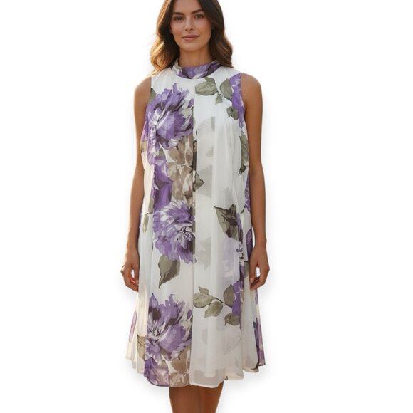 Robbie Bee Purple Floral Chiffon Sleeveless Shift Dress Size 14 Tie Neck Lined - Picture 1 of 9